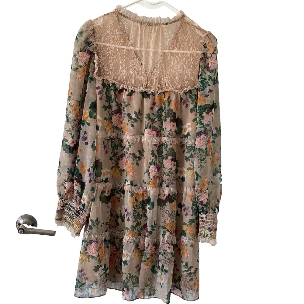Alice + Olivia Floral Lace Boho Dress M Sheer Long Sleeve Tiered Tassel Mini - Picture 2 of 11